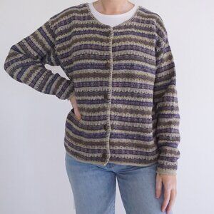 Vintage Alps Beige Purple Knit 3D Eclectic Grandpa Cotton Blend  Cardigan L